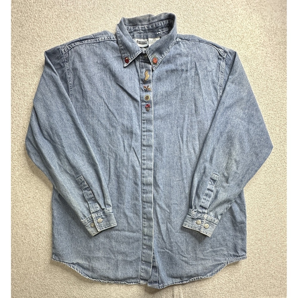 Capacity Denim Shirt Womens Large Embroidered Button Up Floral Casual 90s